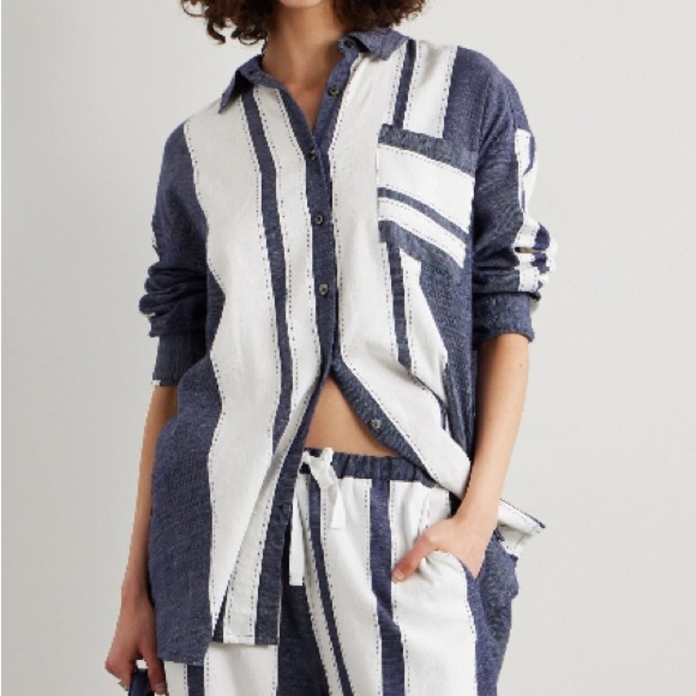 Lemlem Navy and White Striped Button Down Shirt